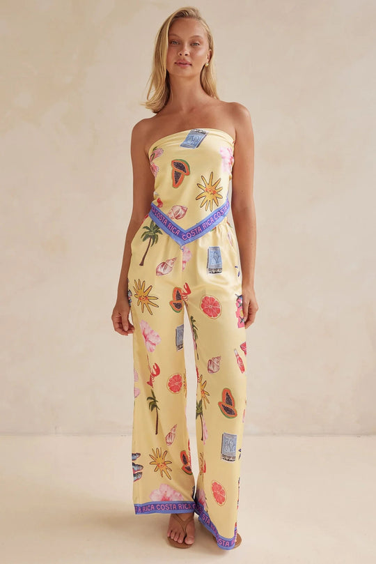 Damen Jumpsuit mit verspielten tropischen Mustern und elastischem Oberteil EB