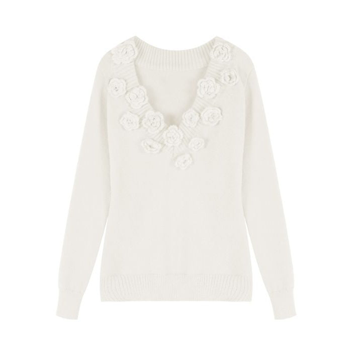 EB | Strickbluse mit Blumen-details V-ausschnitt und Feminine Passform Elegant und Sophisticated