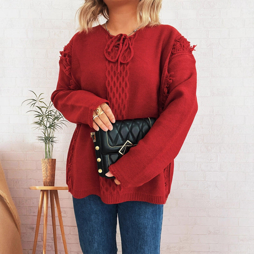 Damen Oversize-Strickpullover mit verspieltem Fransen-Design und Zopfmuster EB