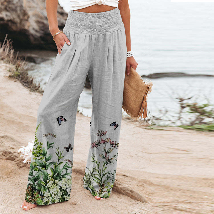 Damen weite Floral-Hose mit elastischem Bund und seitlichen Taschen EB