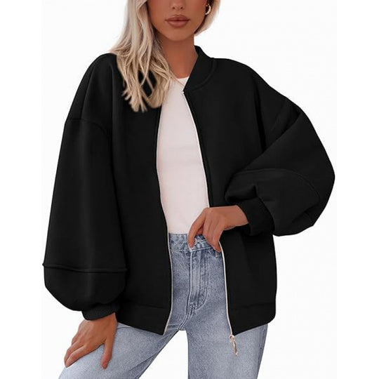 Damen lässige Oversized-Jacke mit Reißverschluss und ballonen Ärmeln EB