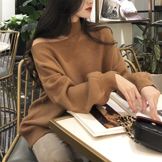 Damen modischer Oversized-Pullover mit schulterfreier Schnittführung und Rollkragen EB