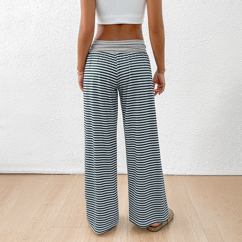 Damen weite gestreifte Freizeithose mit hohem Bund und elastischem Taillenbund EB