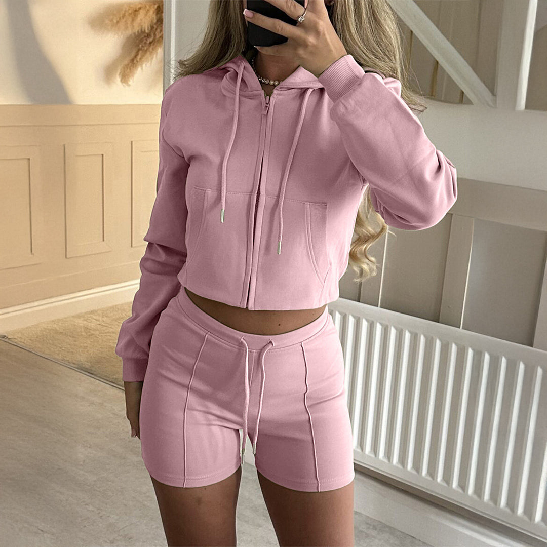 Damen nan lässiges Sweatshirt- und Short-Set mit dekorativen Schleifen-Applikationen, hohem Rundhalsausschnitt und Tunnelzugbund EB