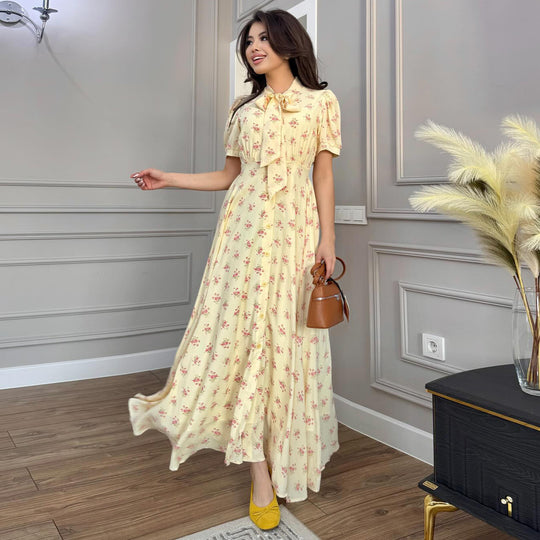 Damen Maxikleid mit eleganter Schleifenbindung und romantischem Blütenmuster EB