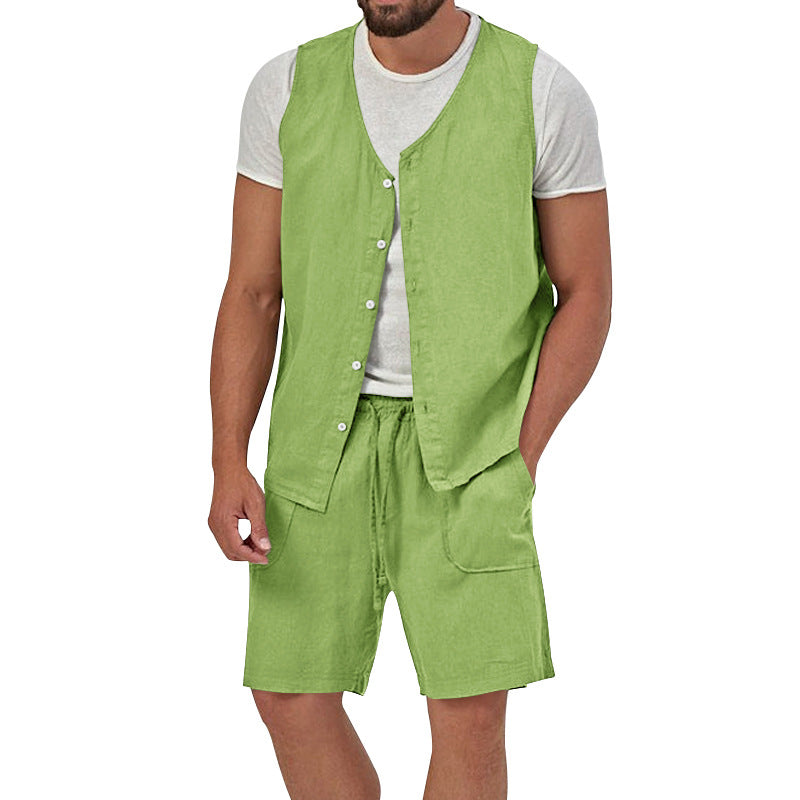 Herren nan zweiteiliges Freizeit-Set mit ärmelloser Knopfweste und weiten Kordelzug-Shorts mit aufgesetzten Taschen EB