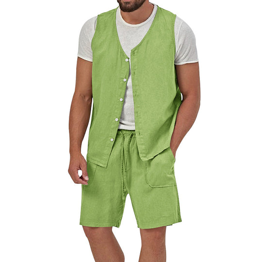 Herren nan zweiteiliges Freizeit-Set mit ärmelloser Knopfweste und weiten Kordelzug-Shorts mit aufgesetzten Taschen EB