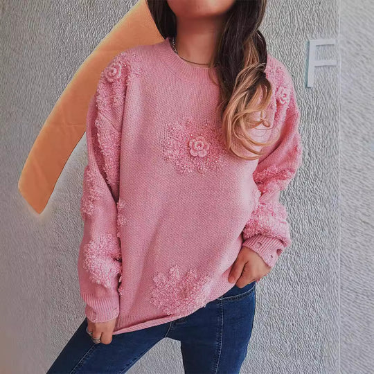 Damen Strickpullover mit romantischen Blumenapplikationen und weichem Material EB