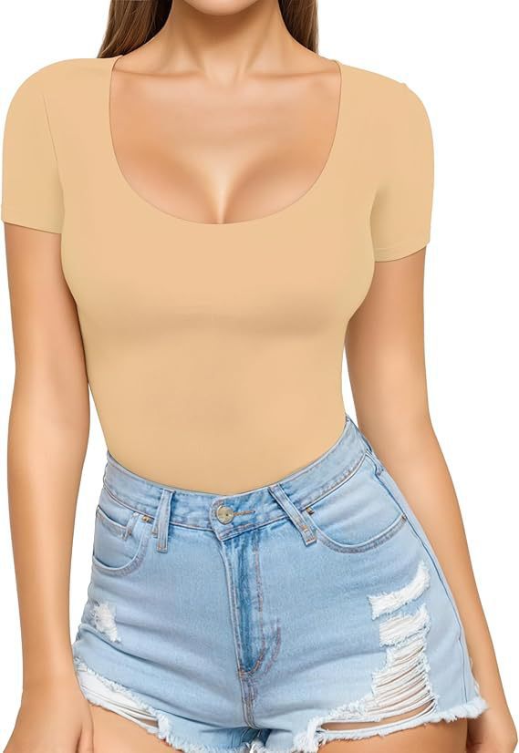 Damen figurbetontes Kurzarm-Body mit rundem Ausschnitt und nahtlosem Design EB