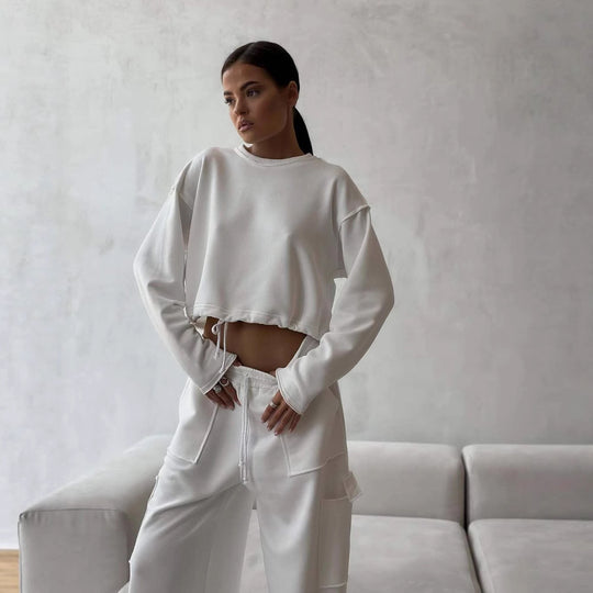 Damen Kurzes Tunnelzug-Sweatshirt mit geripptem Saum und lässiger High‑Waist‑Jogginghose EB