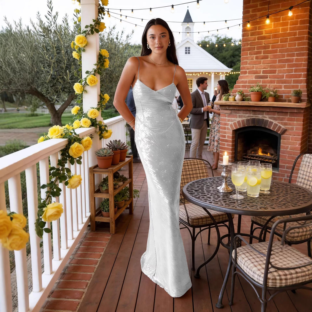 Damen Elegantes Abendkleid mit funkelnden Pailletten und tiefem V-Ausschnitt EB