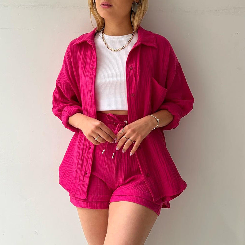 Damen nan lässiges oversized Hemd und Shorts Set mit Brusttasche Kordelbund und gerauter Baumwollstruktur EB