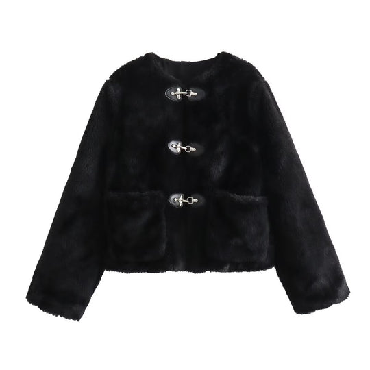 Damen modische Teddyjacke mit vintage Knopfdetails und aufgesetzten Taschen EB