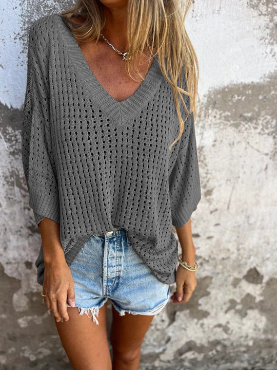 Damen nan luftig gestrickter V-Ausschnitt Pullover im Oversize-Schnitt EB