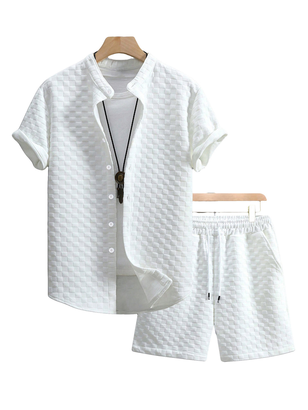 Herren nan zweiteiliges Sommerensemble mit Stehkragen-Hemdjacke und elastischen Komfort-Shorts in geprägter Karo-Textur EB