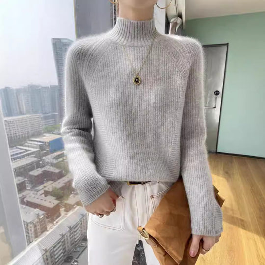 Damen Strickpullover mit hohem Kragen und feiner Rippstruktur EB