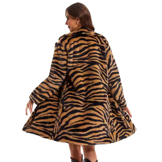 Damen Stylish und flauschiger Kunstfellmantel mit Zebra-Design EB