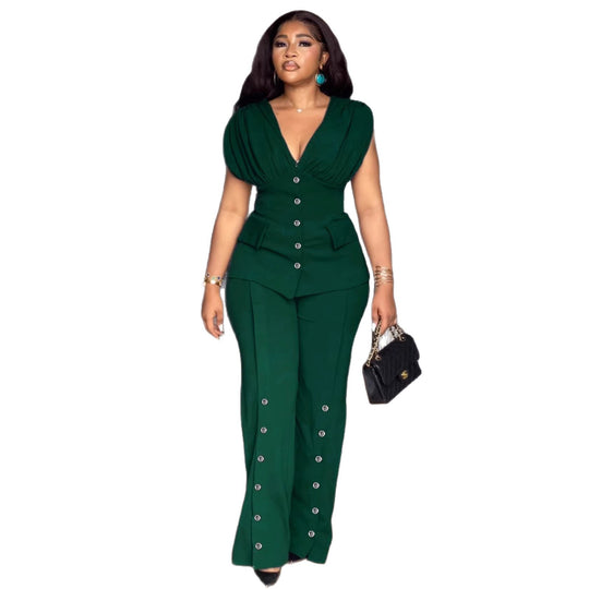 Damen Elegantes Jumpsuit mit drapiertem Oberteil und dekorativen Knöpfen EB