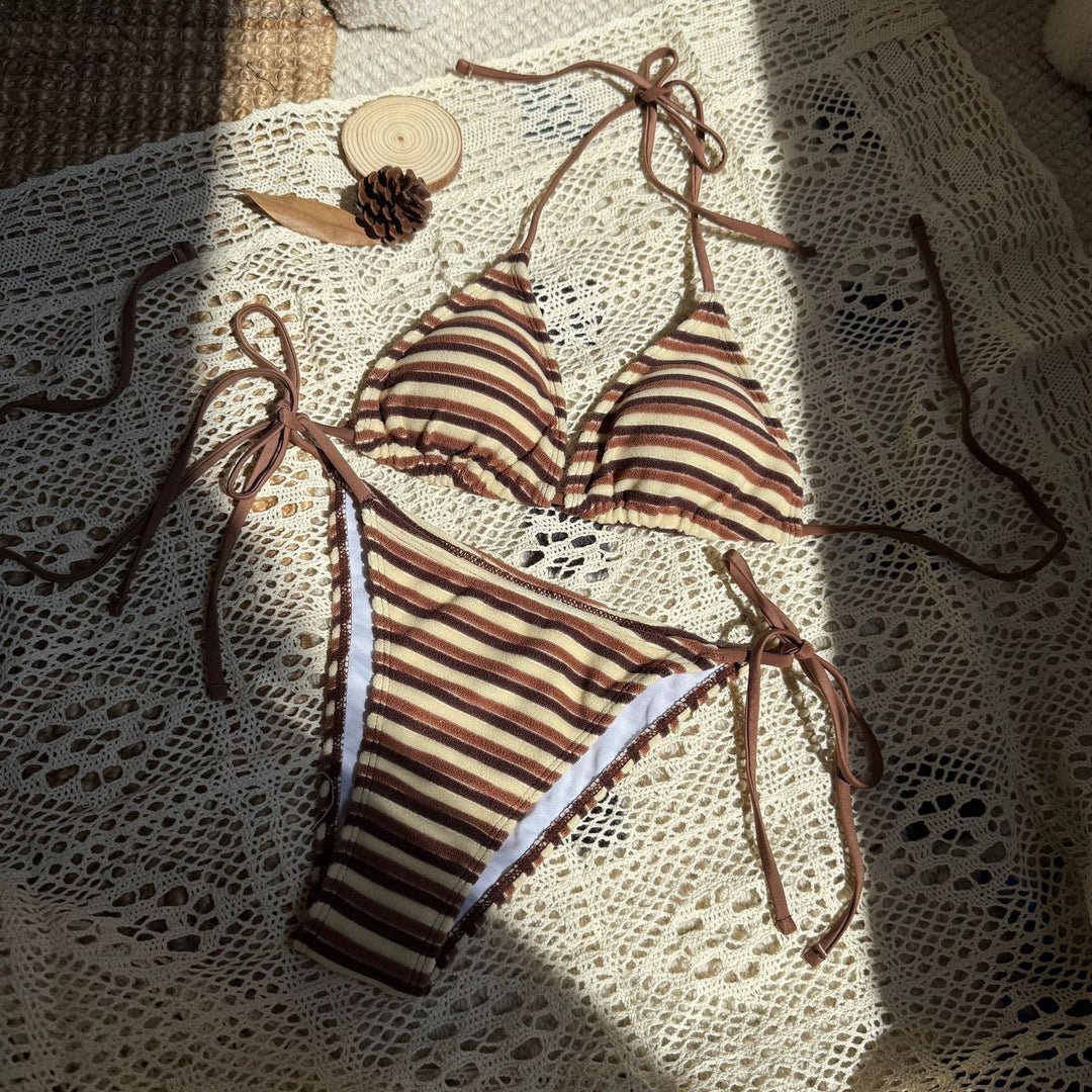 Damen Triangel-Bikini mit verstellbaren Bändern und buntem Streifenmuster EB