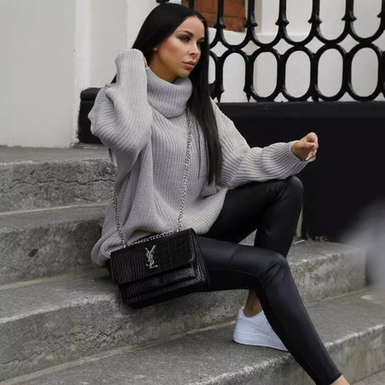 Damen Oversized Strickpullover mit hohem Kragen und modernem Schnitt EB