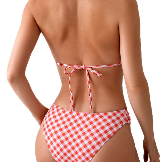 Damen Triangel-Bikini mit verspieltem Karomuster und eleganten Schleifen EB