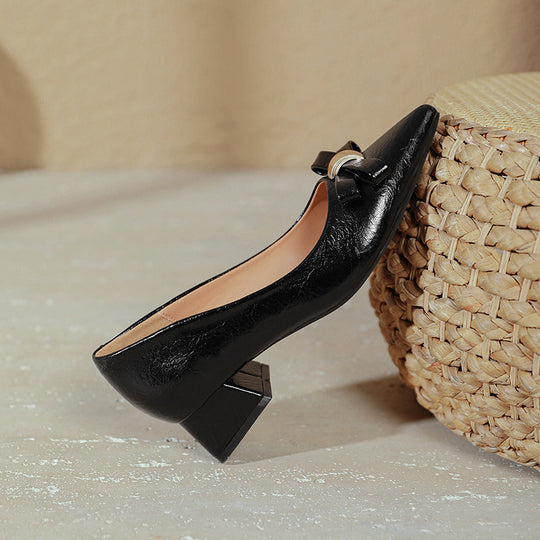 Damen elegante Ballerinas mit modischer Schleifenapplikation und komfortablem Blockabsatz EB