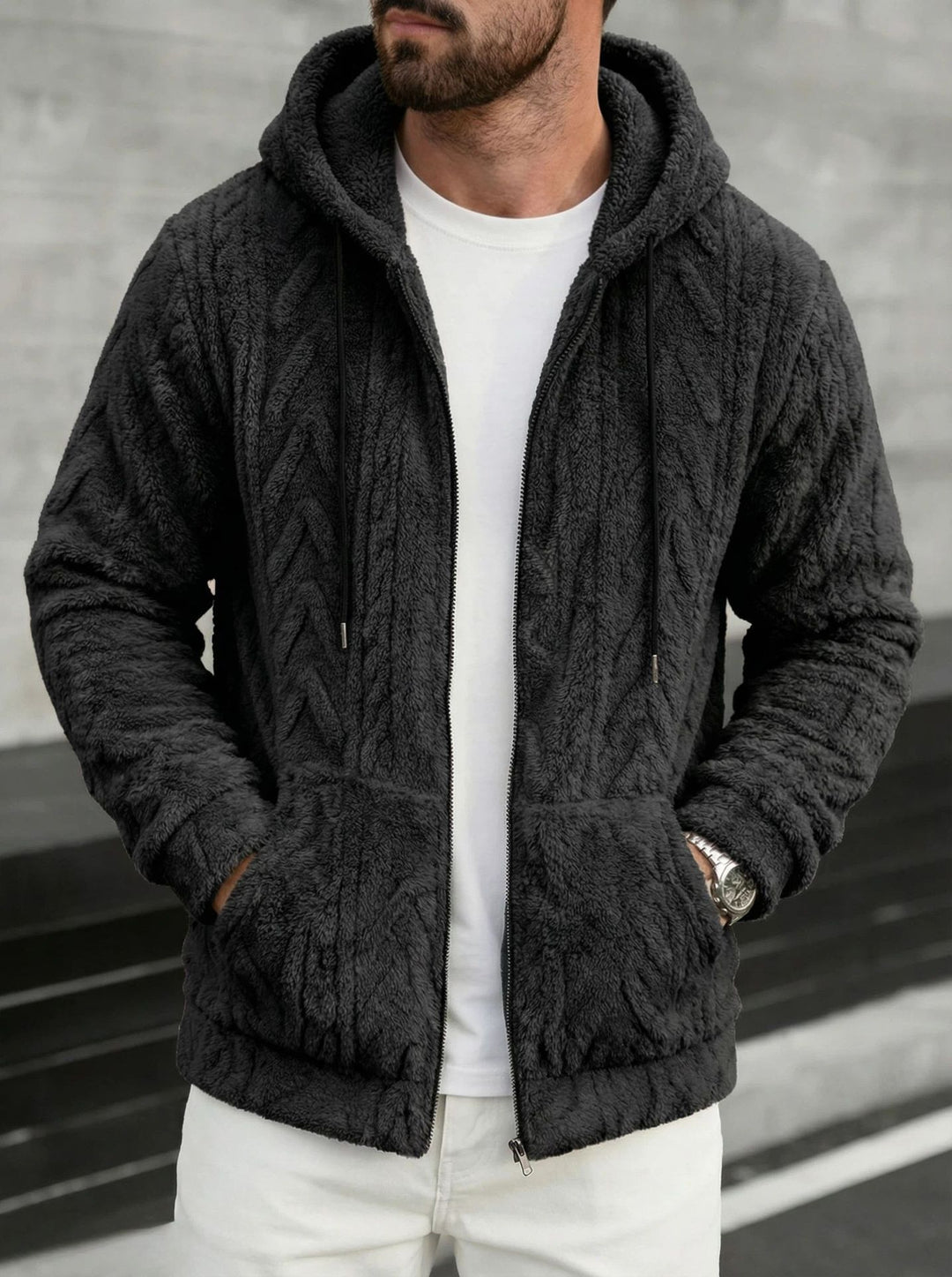 Herren nan kuschelige Kapuzenjacke aus Teddyfleece mit durchgehendem Reißverschluss und Kängurutaschen EB
