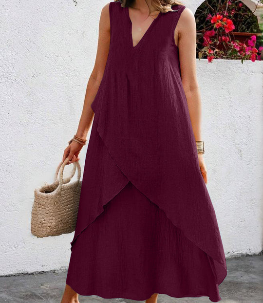 Damen Lässiges Maxikleid mit überlappendem Volant und modernem V-Ausschnitt EB