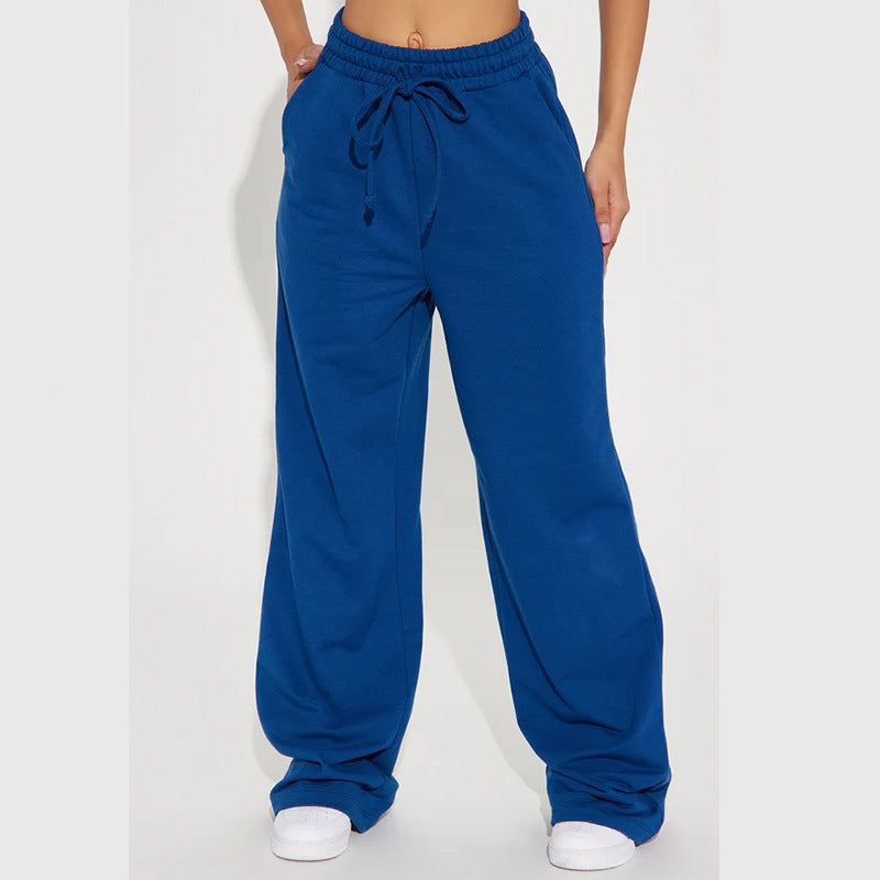 Damen nan breite High-Waist Loungehose aus weichem Baumwollmix mit Kordelzug und Eingrifftaschen EB