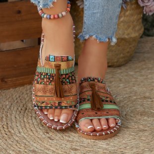 Damen bequeme Tangle-Sandalen mit buntem Stickdesign und Quasten EB