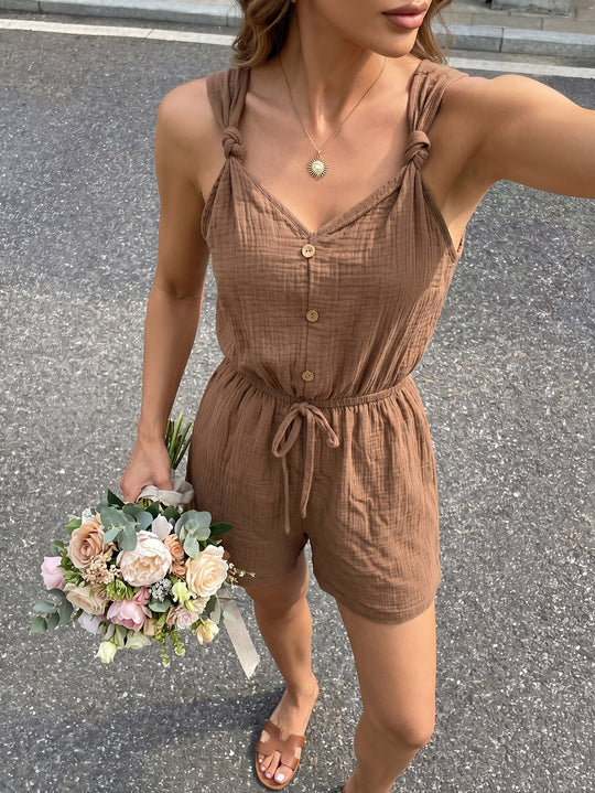 Damen lässiger Jumpsuit mit knöpfbarem V-Ausschnitt und elastischem Bund EB