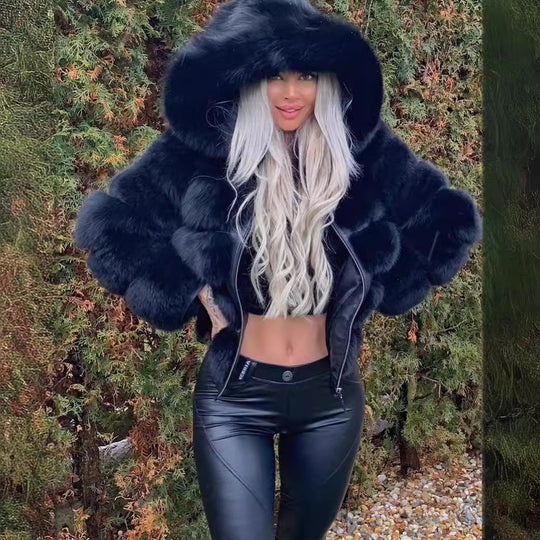 Damen Sportliche Kunstpelzjacke mit Kapuze EB