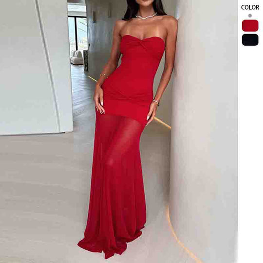 Damen Elegantes Maxikleid mit gerafftem Oberteil und schwingendem Rock EB