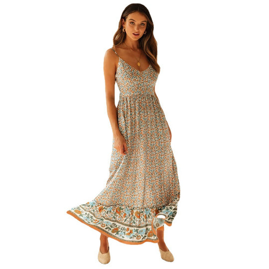 Damen Maxikleid mit floralem Muster und zartem Spaghettiträger-Design EB