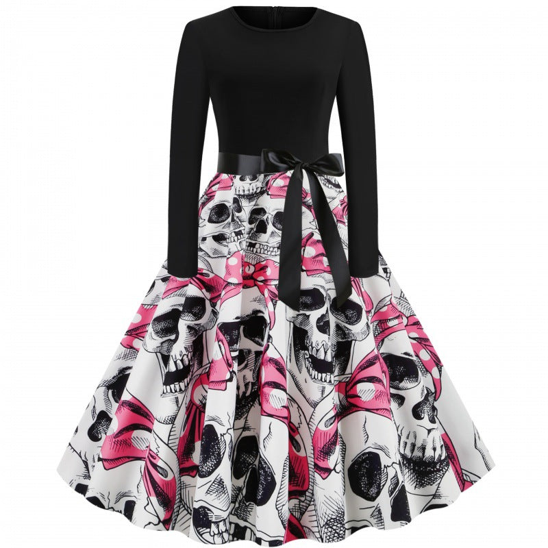 Damen Vintage Swingkleid mit Kürbisprint, langärmlig und taillierter Satinschleife EB