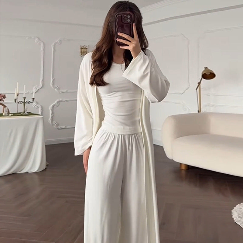 Damen Loungewear-Kombination aus langärmligem Oberteil und weiten Palazzo-Hosen EB