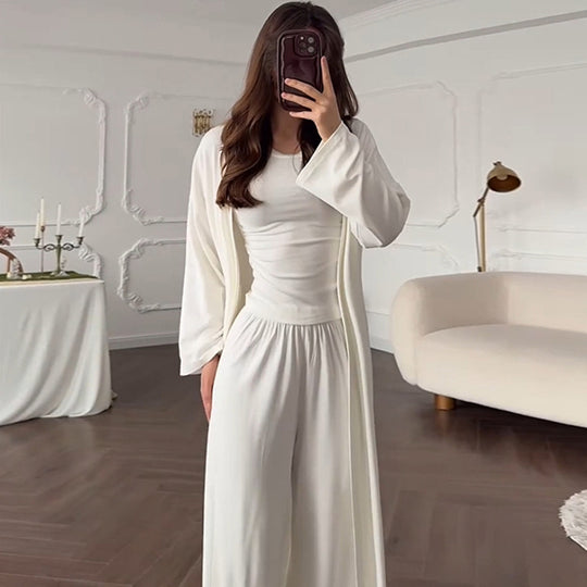 Damen Loungewear-Kombination aus langärmligem Oberteil und weiten Palazzo-Hosen EB