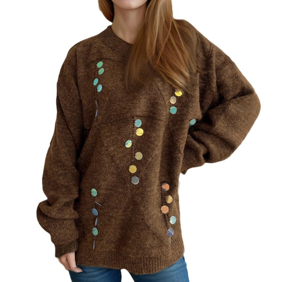Damen lässiger Pullover mit dekorativen Pailletten und strukturiertem Maschenmuster EB
