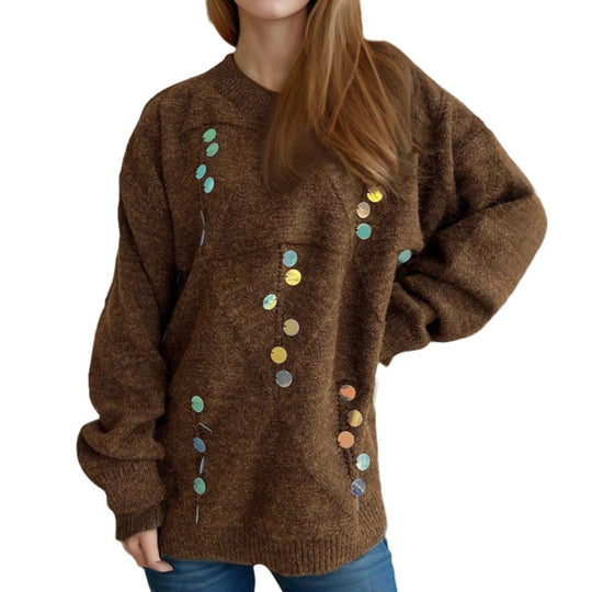 Damen lässiger Pullover mit dekorativen Pailletten und strukturiertem Maschenmuster EB