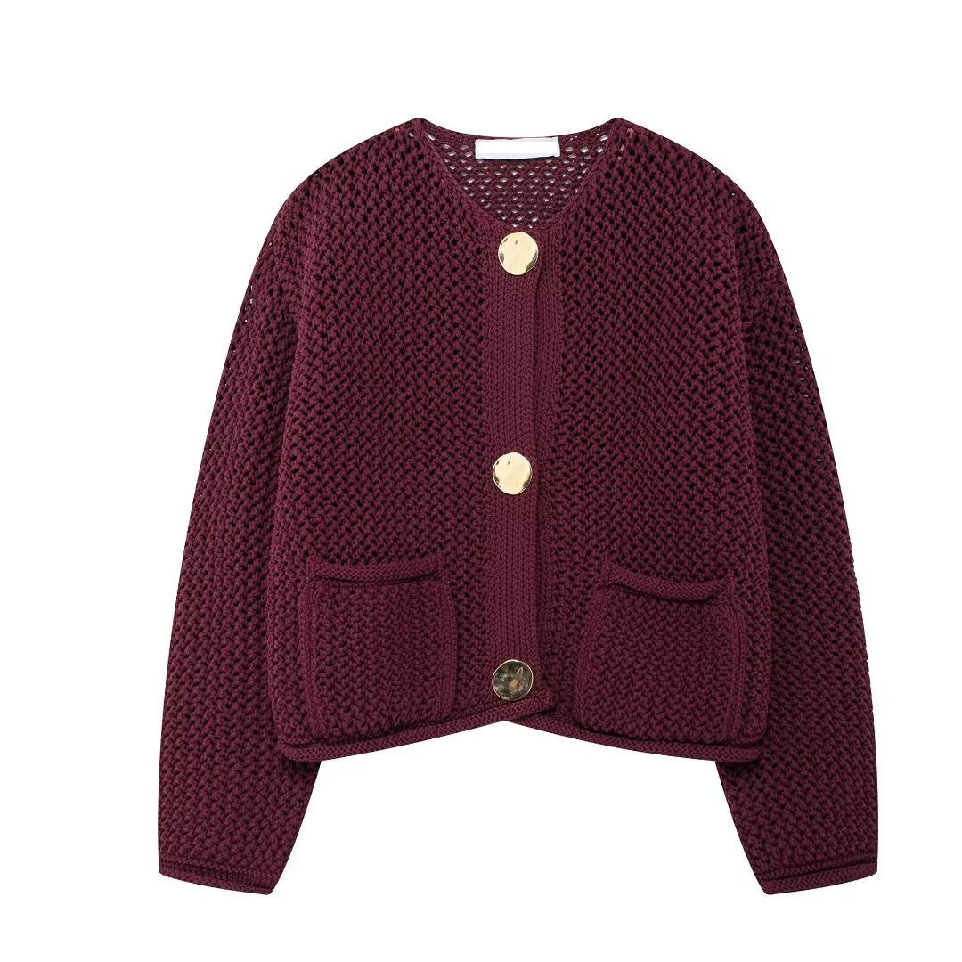 Damen modische Strickjacke mit goldenen Knöpfen und Eingrifftaschen EB