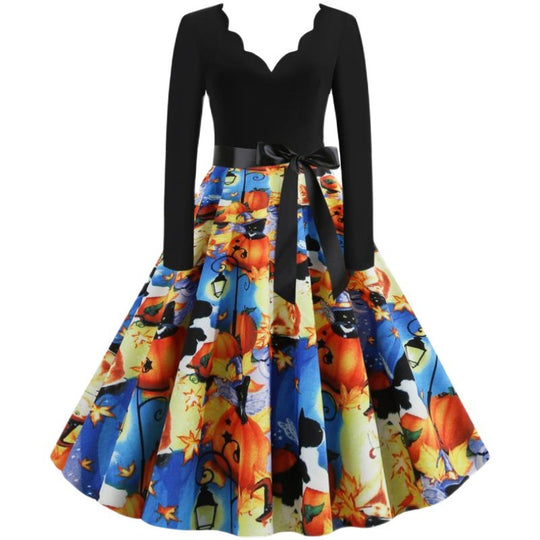 Damen Retro Swingkleid mit gewelltem Ausschnitt, langen Ärmeln und Halloween-Print Tellerrock EB