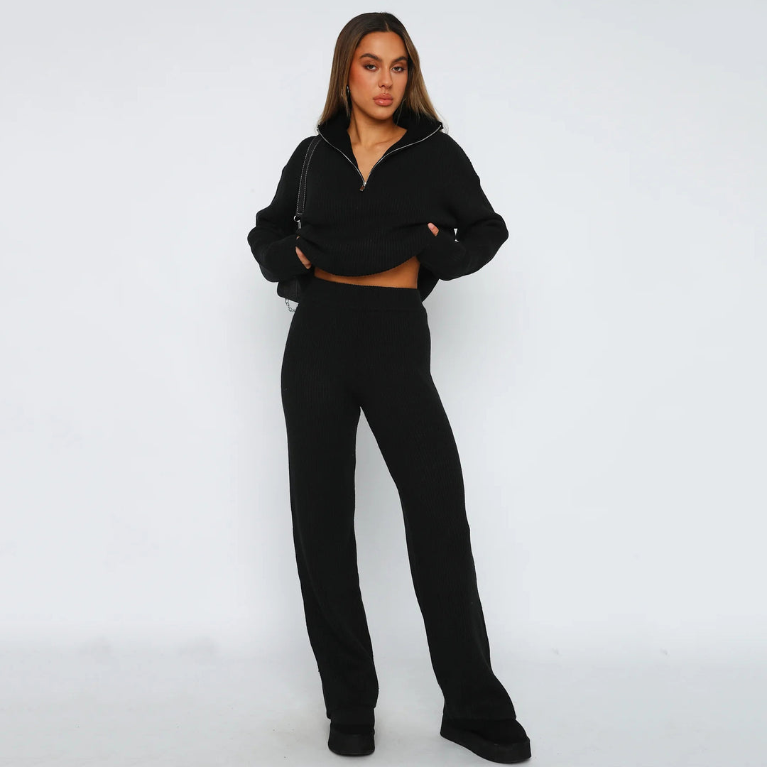 Damen Geripptes Strick-Lounge-Set mit halbem Reißverschluss und weiter Palazzohose EB