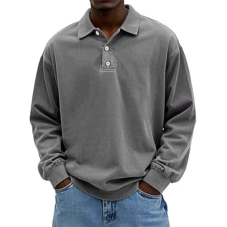 Herren nan lässiges Poloshirt-Sweatshirt mit Kragen, Vintage-Waschung und dreiteiliger Knopfleiste EB