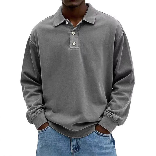Herren nan lässiges Poloshirt-Sweatshirt mit Kragen, Vintage-Waschung und dreiteiliger Knopfleiste EB