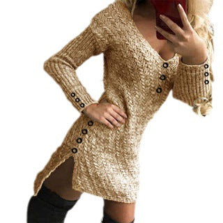 Damen Strickkleid mit V-Ausschnitt und Knopfdetails EB