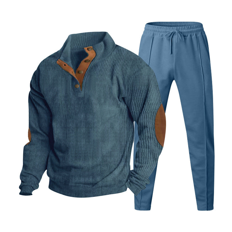 Herren Strukturiertes Henley-Loungewear-Set mit Ellenbogen-Patches & tapered Jogginghose EB