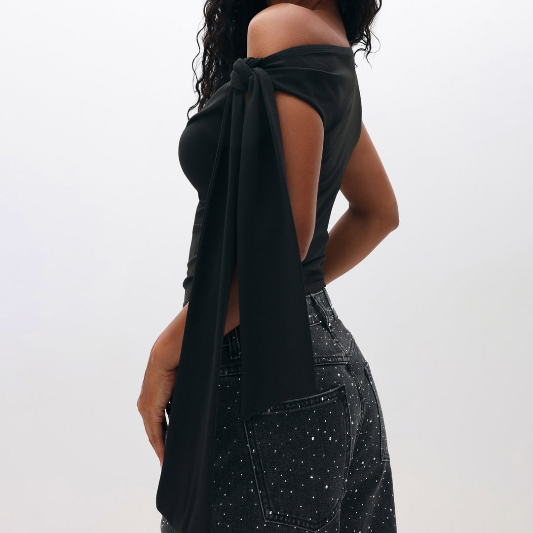 Damen Elegantes One-Shoulder Top mit dekorativen Steinen EB