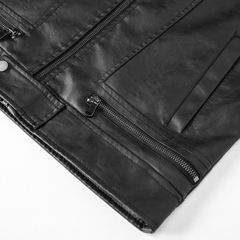 Herren Motorrad-inspirierte Lederoptikjacke mit Stehkragen und Ziernähten EB
