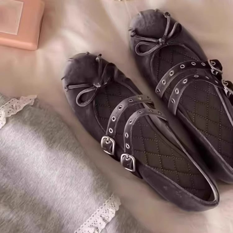 Damen Ballerina-Schuhe mit dekorativer Schleifenapplikation und doppeltem Riemendesign EB