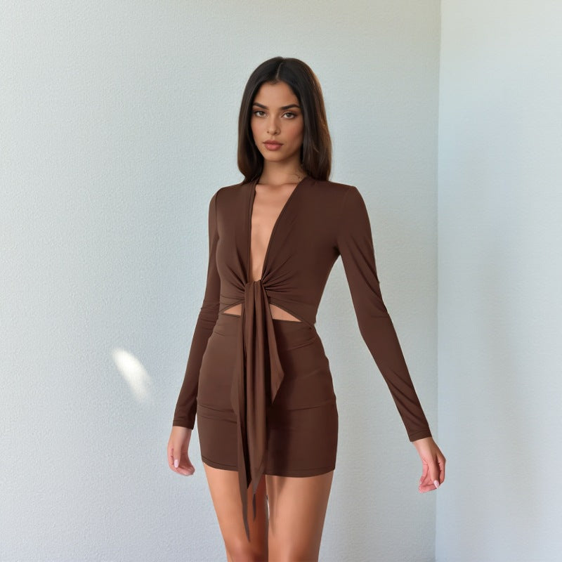 Damen figurbetontes Wickeloberteil-Kleid mit langen Ärmeln und seitlichen Cut-Outs EB